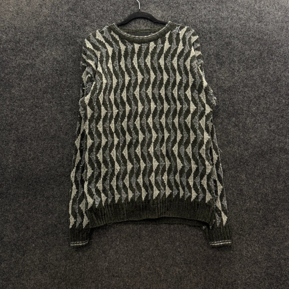 Croft & Barrow Mens Large Distressed Geometric Knit Sweater Olive Green Grey